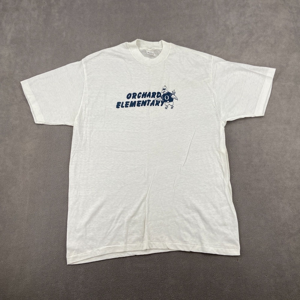 Vintage 80s Stedman T Shirt Sz XL White Graphic Print‎ Orchard Elementary
